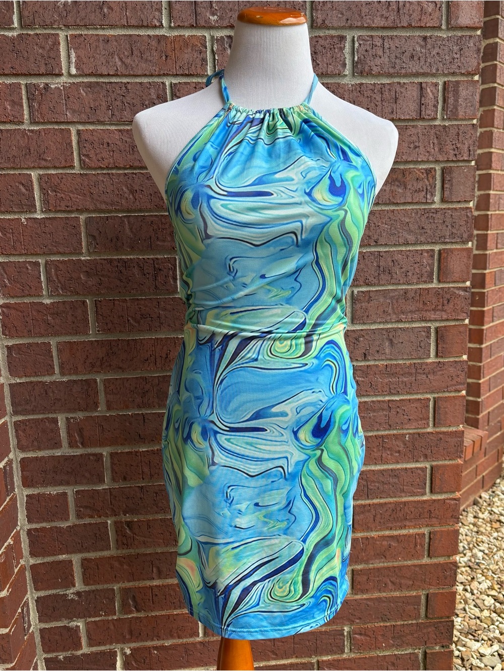 SHEIN Blue & Green Swirl Halter Mini Dress